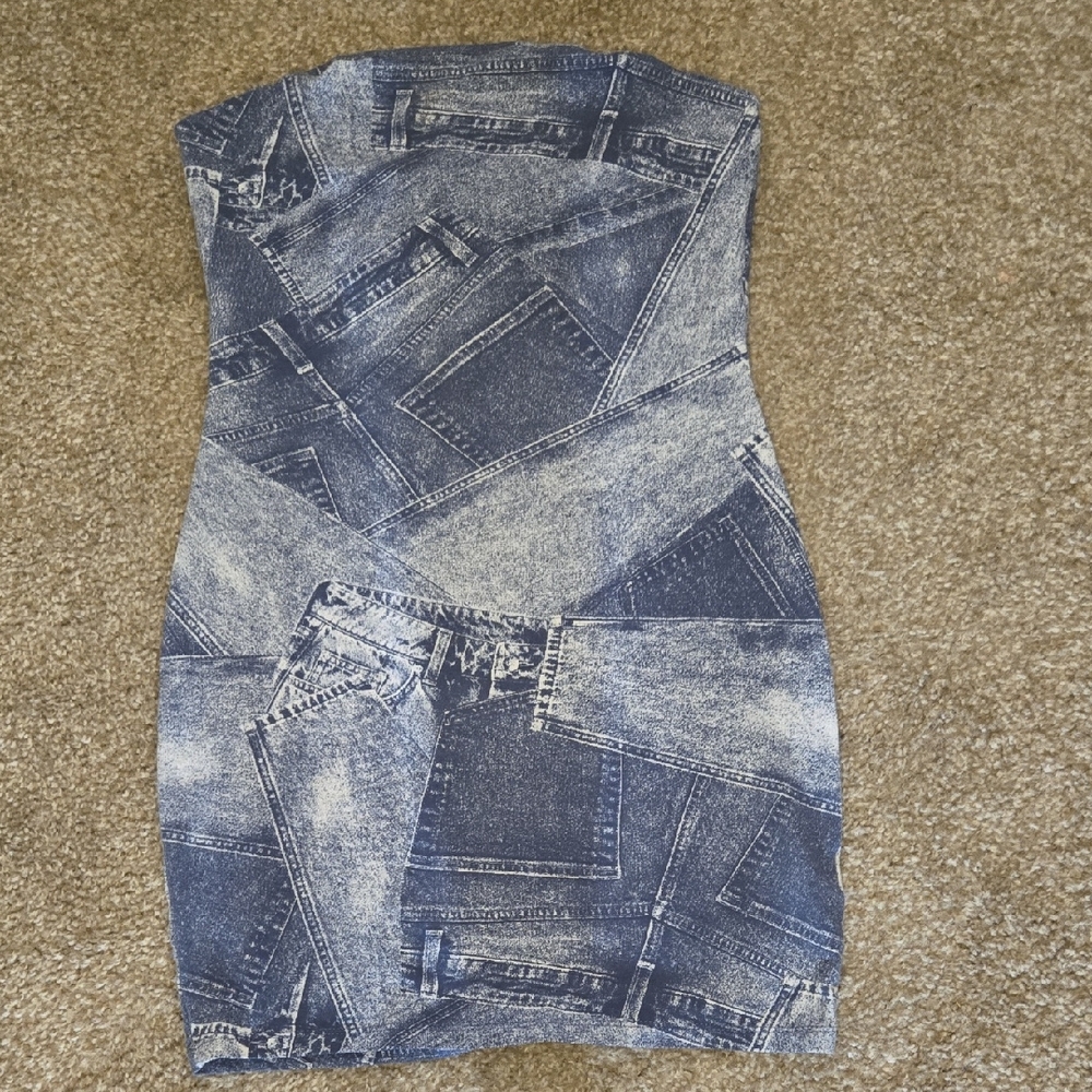 H&M Blue Denim Pattern Strapless Dress